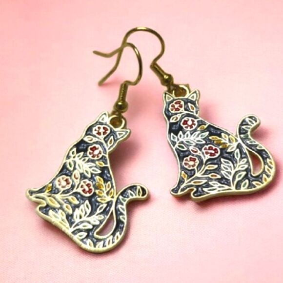 Cat Floral Design Earrings - Picture 8 of 8